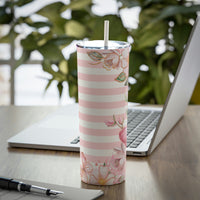 Skinny Tumbler, 20oz-Pink Floral Butterflies-Pink Horizontal Stripes