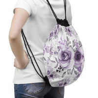 Drawstring Bag-Soft Purple-Floral Stencil-White