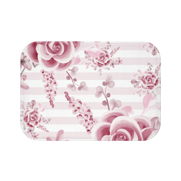 Bath Mat-Soft Pink Floral Mauve-Horizontal Stripes-White