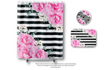 Shower Curtains-Magenta Pink-Floral Bash-Black Horizontal Stripes-White
