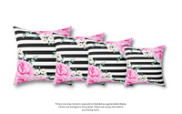 Square Pillow-Magenta Pink-Floral Bash-Black Horizontal Stripes-White