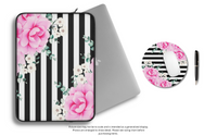 Laptop Sleeve-Magenta Pink-Floral Bash-Black Horizontal Stripes-White