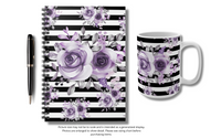 Coffee Mug 15oz-Soft Purple Floral-Black Horizontal Stripes-White
