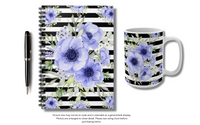 Coffee Mug 15oz-Soft Blue Floral-Black Horizontal Stripes-White