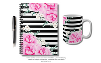 Small Spiral Notebook, 6x8in-Magenta Pink-Floral Bash-Black Horizontal Stripes-White