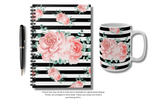 Small Spiral Notebook, 6x8in-Lush Pink Floral-Black Horizontal Stripes-White