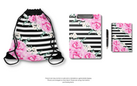 Drawstring Bag-Magenta Pink-Floral Bash-Black Horizontal Stripes-White