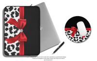 Laptop Sleeve-Glam Red Bow-Snow Leopard-Black