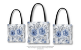 Tote Bag-Stormy Blue-Floral Stencil-White