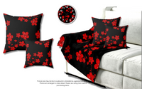 Velveteen Plush Blanket-Red Floral Blossoms-Black