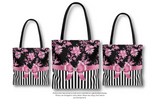 Tote Bag-Glam Pink Bow-Pink Stencil-Black White Pinstripes