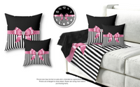 Square Pillow-Glam Pink Bow-Black White Pinstripes-Black