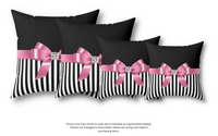 Square Pillow-Glam Pink Bow-Black White Pinstripes-Black