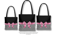 Tote Bag-Glam Pink Bow-Black White Pinstripes-Black