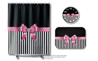 Wall Clock-Glam Pink Bow-Black White Pinstripes-Black