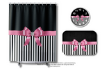 Shower Curtains-Glam Pink Bow-Black White Pinstripes-Black