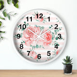 Wall Clock-Lush Pink Floral-Pink Horizontal Stripes-White