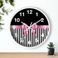 Wall Clock-Glam Pink Bow-Black White Pinstripes-Black