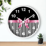 Wall Clock-Glam Pink Bow-Black White Pinstripes-Black