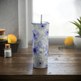 Skinny Tumbler, 20oz-Soft Blue Floral-Blue Stencil-White