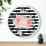 Wall Clock-Lush Pink Floral-Black Horizontal Stripes-White