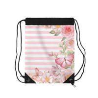Drawstring Bag-Pink Floral Butterflies-Pink Horizontal Stripes