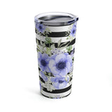 Tumbler 20oz-Soft Blue Floral-Black Horizontal Stripes-White