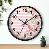 Wall Clock-Pink Floral Butterflies-Pink Horizontal Stripes