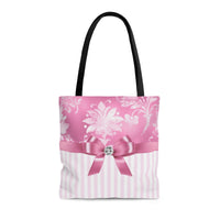 Tote Bag-Glam Pink Bow-Pink White Stencil-Pink White Pinstripes