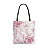 Tote Bag-Soft Pink Floral Mauve-Horizontal Stripes-White