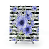 Shower Curtains-Soft Blue Floral-Black Horizontal Stripes-White