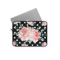 Laptop Sleeve-Lush Pink Floral-White Polka Dots-Black