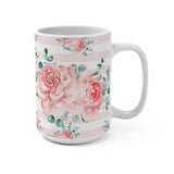 Coffee Mug 15oz-Lush Pink Floral-Pink Horizontal Stripes-White