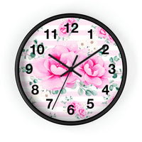 Wall Clock-Magenta Pink Floral-Pink Horizontal Stripes-White