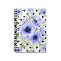 Small Spiral Notebook, 6x8in-Soft Blue Floral-Black Polka Dots-White