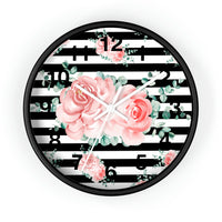 Wall Clock-Lush Pink Floral-Black Horizontal Stripes-White