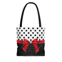 Tote Bag-Glam Red Bow-Black Polka Dots-Black Glitter