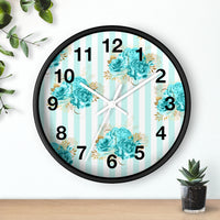 Wall clock-Aqua Blue-Floral Pinstripes