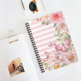 Small Spiral Notebook, 6x8in-Pink Floral Butterflies-Pink Horizontal Stripes