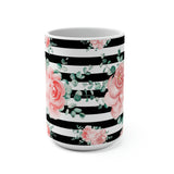 Coffee Mug 15oz-Lush Pink Floral-Black Horizontal Stripes-White