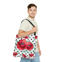 Tote Bag-Rouge Red Floral-Black Polka Dots-White