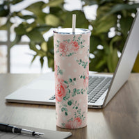 Skinny Tumbler, 20oz-Lush Pink Floral-White Polka Dots-Pink