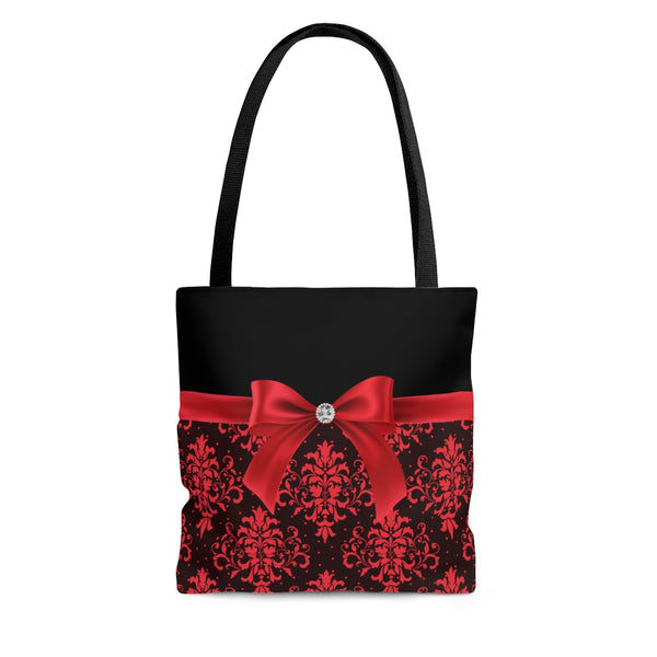 Tote Bag-Glam Red Bow-Red Lace-Black