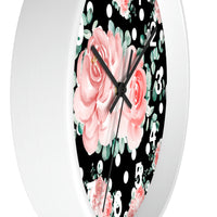 Wall Clock-Lush Pink Floral-White Polka Dots-Black