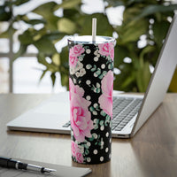 Skinny Tumbler, 20oz-Magenta Pink Floral-White Polka Dots-Black