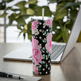 Skinny Tumbler, 20oz-Magenta Pink Floral-White Polka Dots-Black