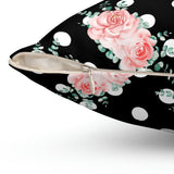 Square Pillow-Lush Pink Floral-White Polka Dots-Black