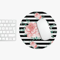 Mouse Pad-Lush Pink Floral-Black Horizontal Stripes-White