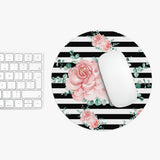 Mouse Pad-Lush Pink Floral-Black Horizontal Stripes-White