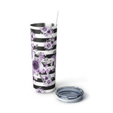 Skinny Tumbler, 20oz-Soft Purple Floral-Black Horizontal Stripes-White